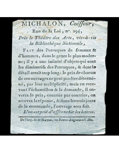 Présentation du Coiffeur Michalon, 294 rue de la loi, Paris (circa 1795) Les êtres humains sont 